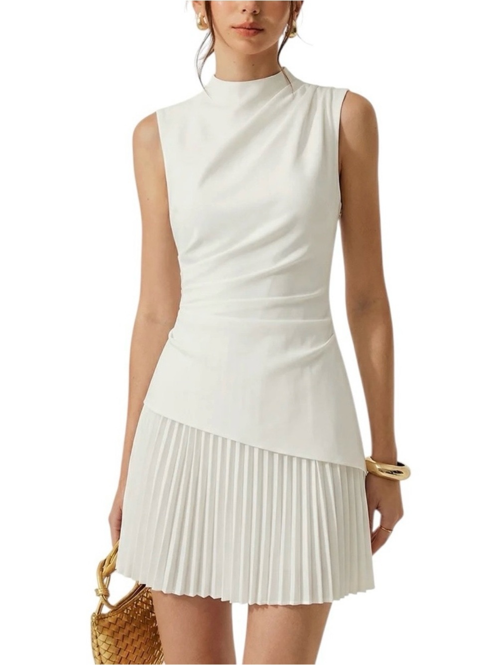 Commense White Asymmetrical Pleated Mini Dress XS NWT Mock Neck Sleeveless